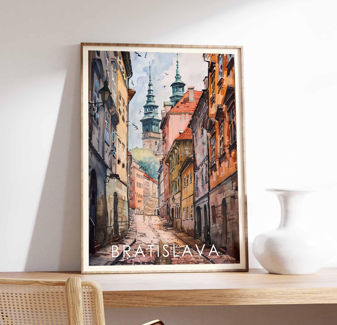 Bratislava Old Town Cobblestone Street Spires Watercolor Poster