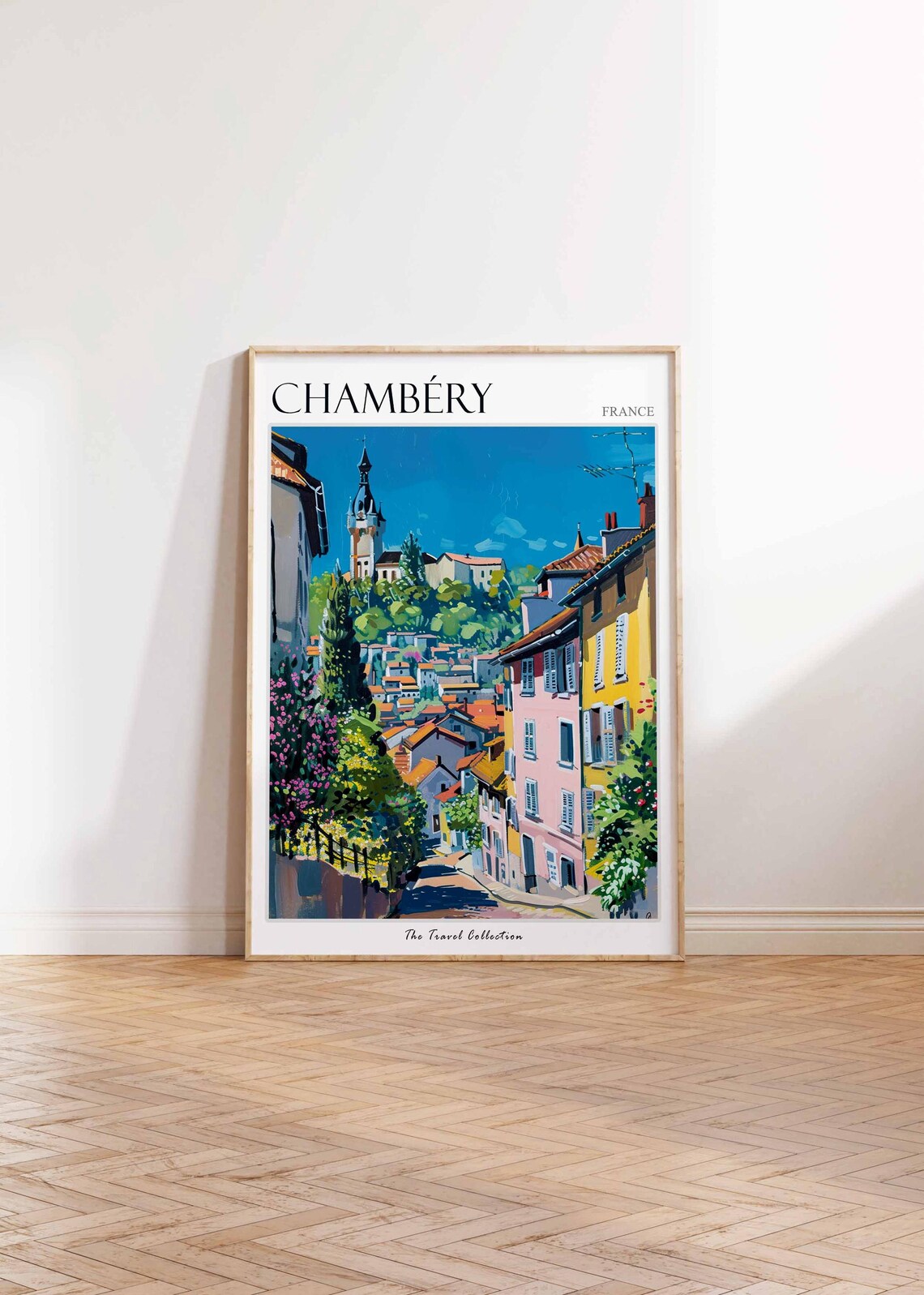 Chambery France Clock Tower Old Town Street Painted Travel Poster - Image 2