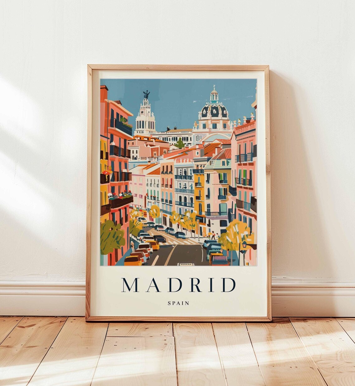 Madrid Spain Sunlit Street Colorful Houses Retro Travel Poster