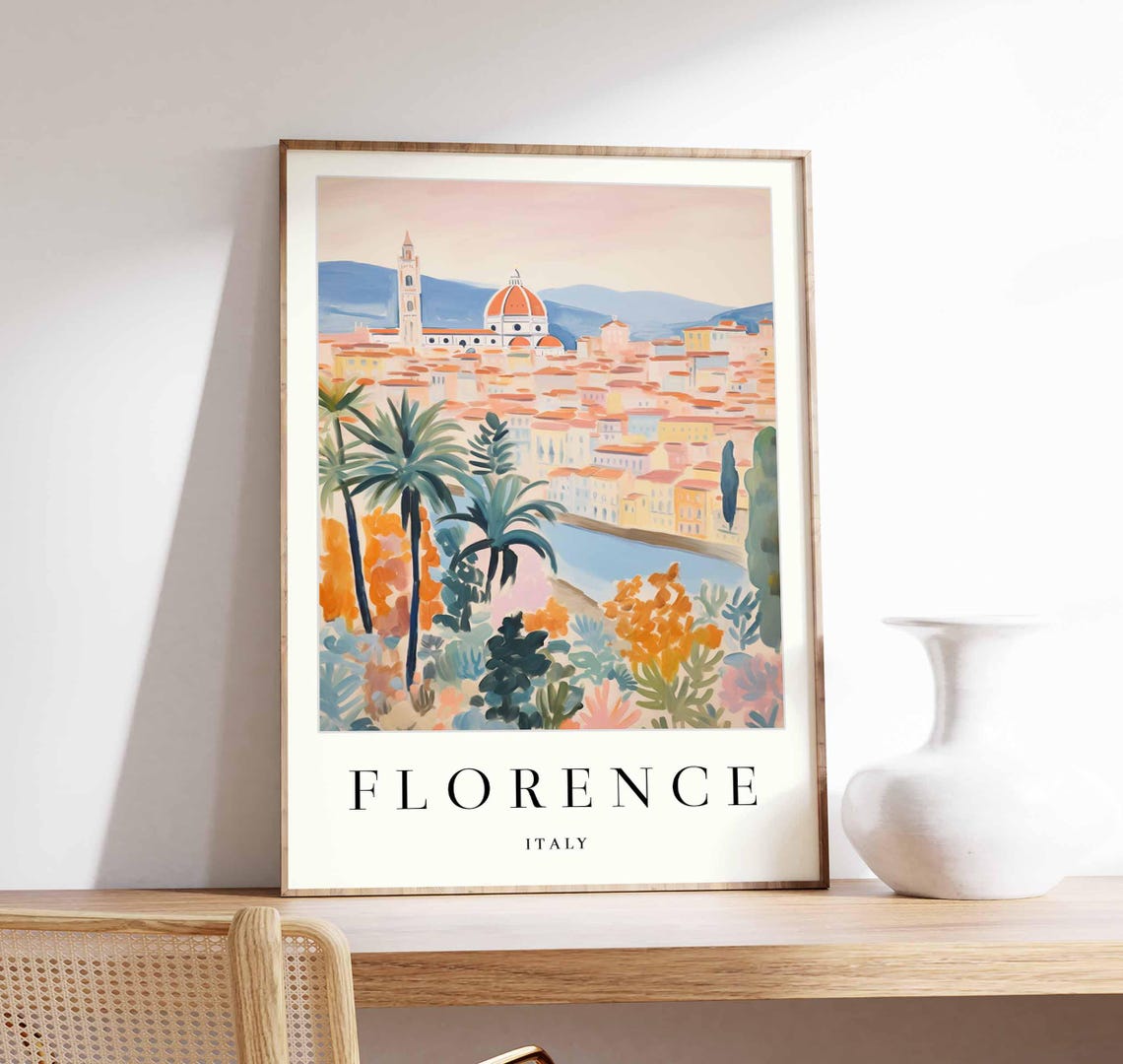 Florence Italy Arno River Palms Colorful Skyline Travel Poster