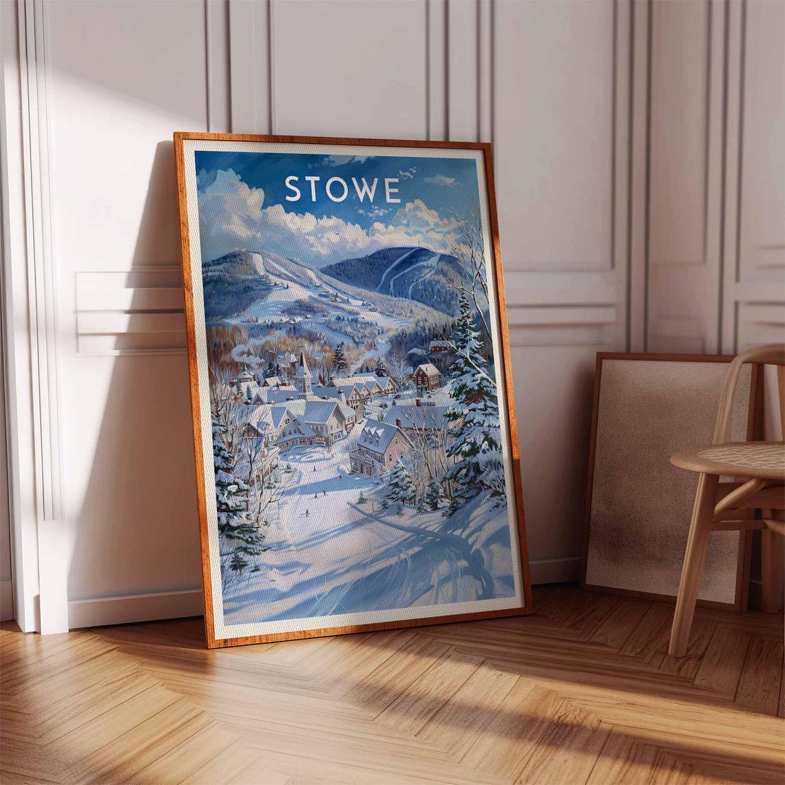 Stowe Winter Village Panorama Under Mountain Ski Trails Poster - Image 3