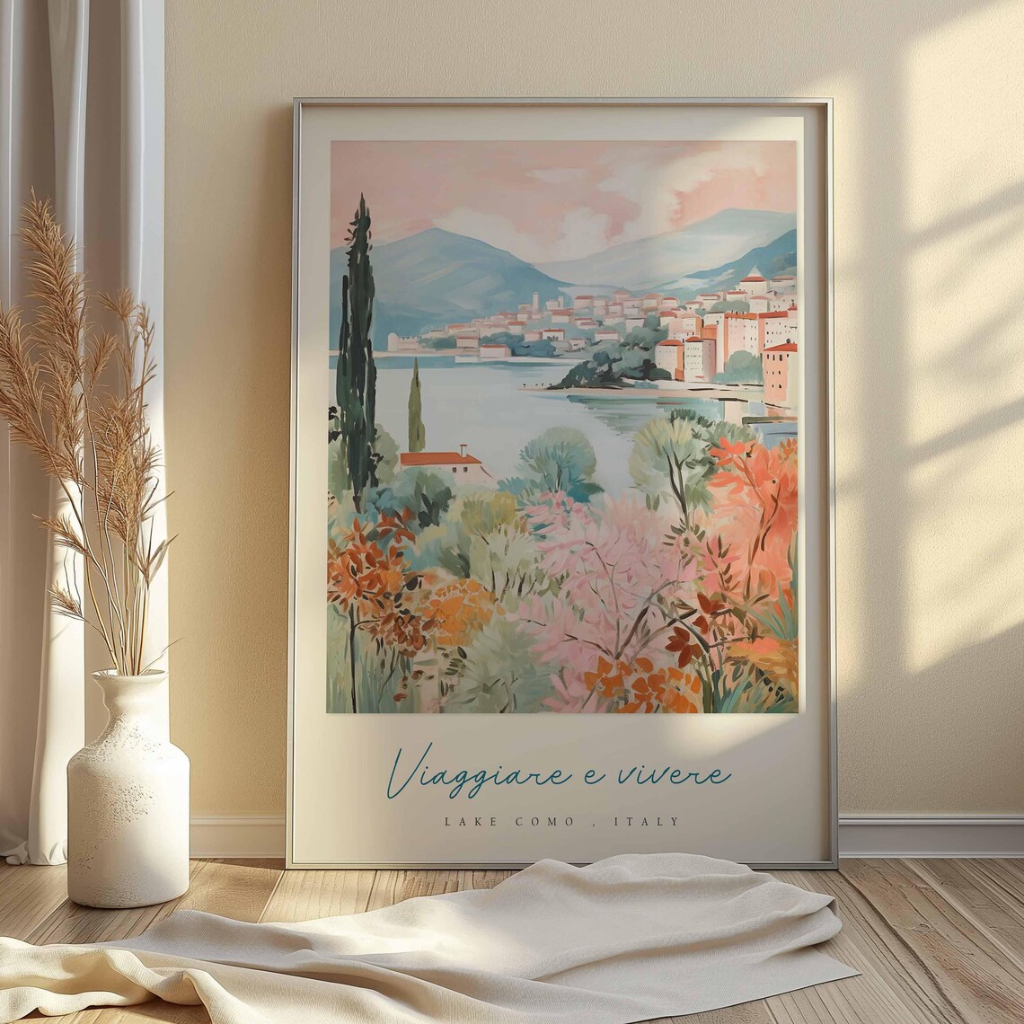 Lake Como Italy Blush Pastel Watercolor Lakeside Gardens Poster - Image 2