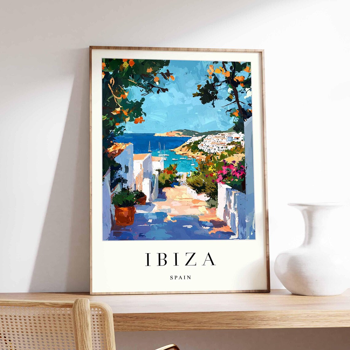 Ibiza Spain Whitewashed Alley Harbor Sailboats Floral Travel Poster