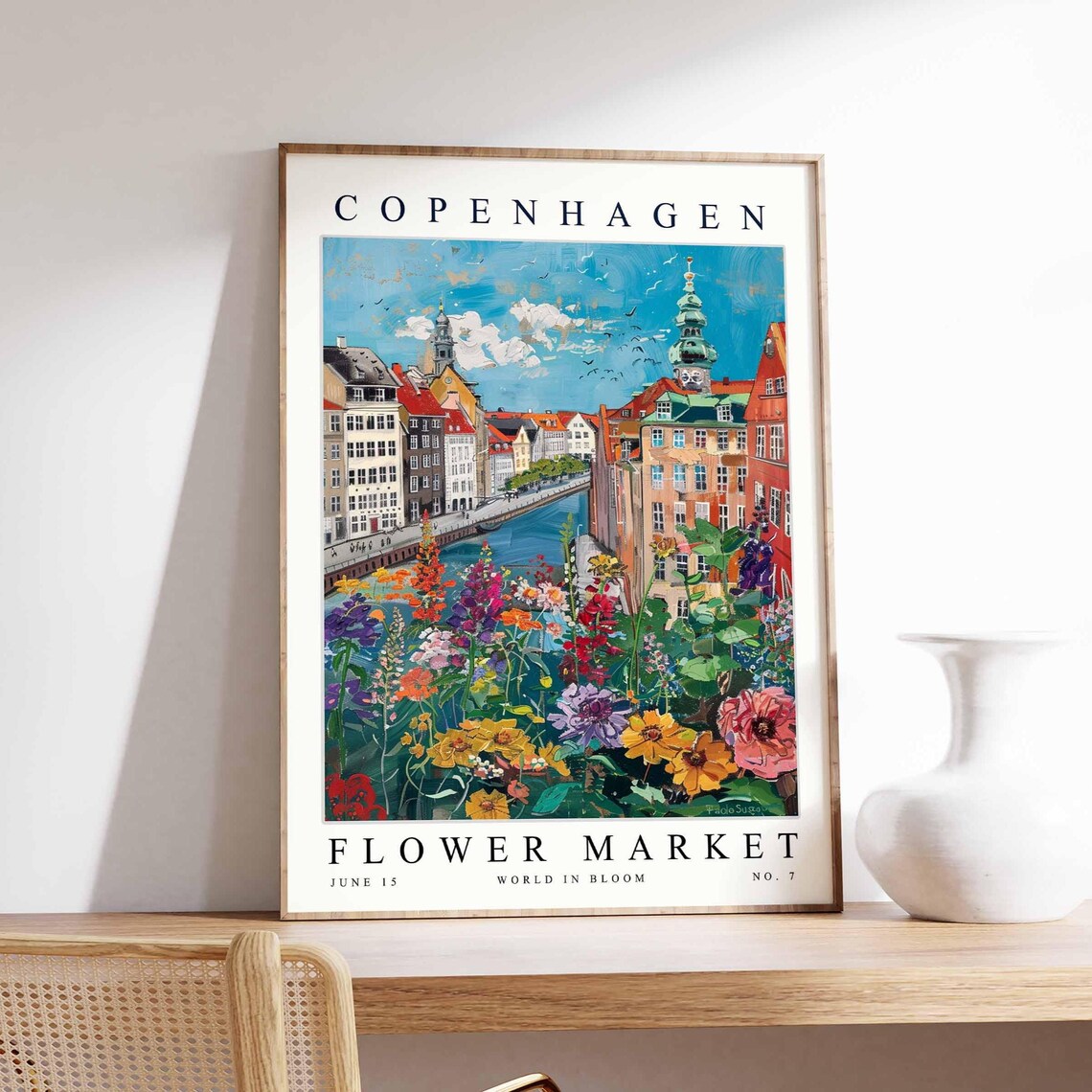Copenhagen Flower Market Canal Houses Birds Yellow Floral Poster