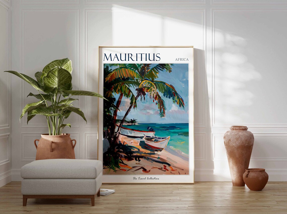 Mauritius Africa Tropical Beach Palm Boat Artwork Travel Poster - Image 2
