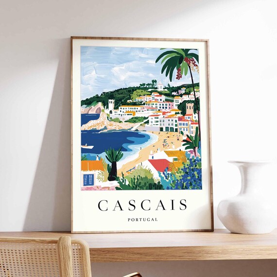 Cascais Portugal Coastal Town Palm Trees Beach Cove Art Poster