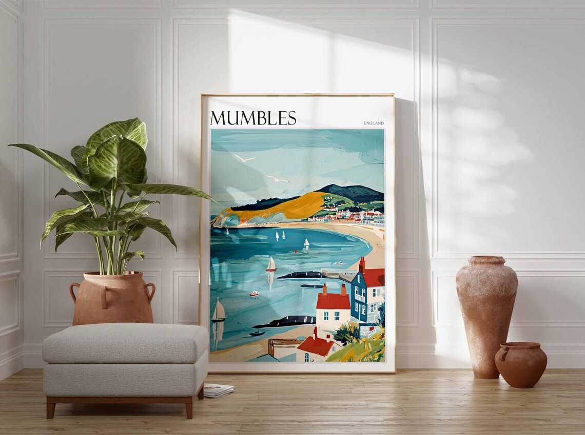 Mumbles Golden Headland Beach Sailboats England Travel Poster - Image 3