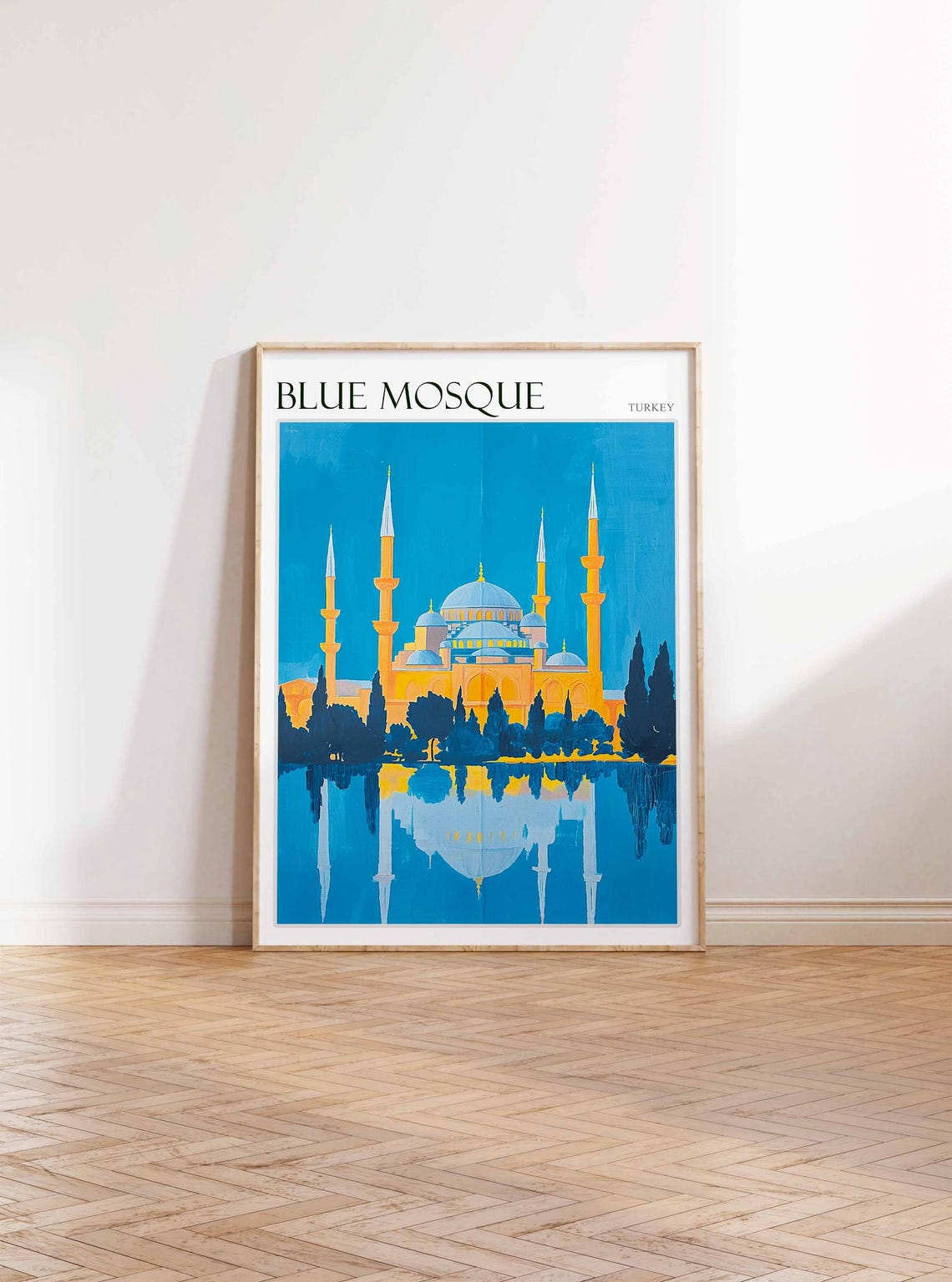 Blue Mosque Bold Graphic Teal Sky Reflection Modern Art Poster - Image 3