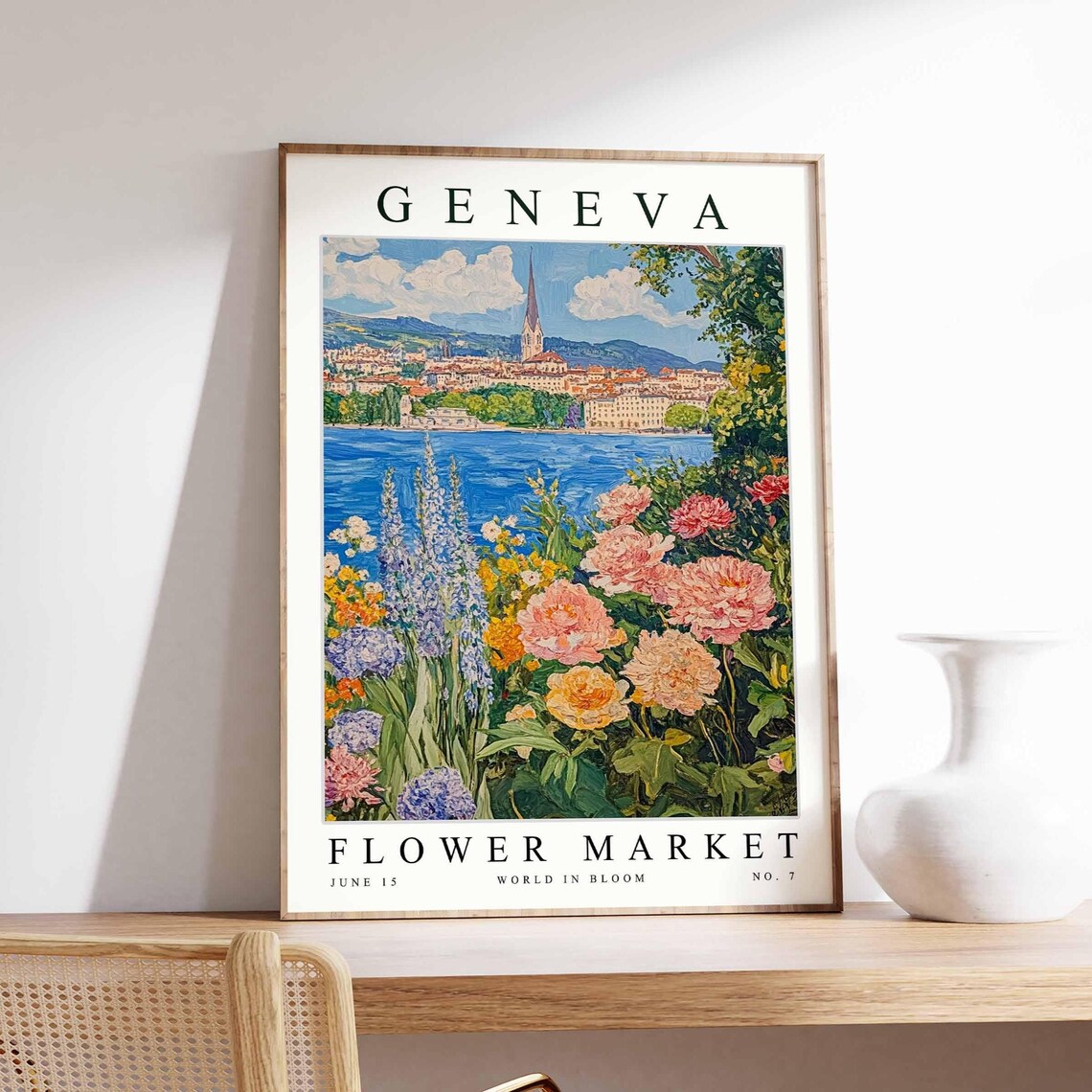 Geneva Flower Market Pink Peony Garden Lakeshore Swiss Travel Poster