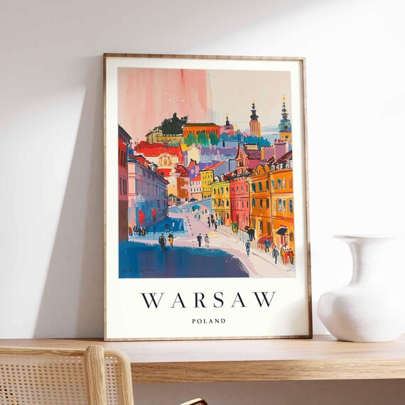 Warsaw Poland Colorful Old Town Street Scene Painterly Travel Poster