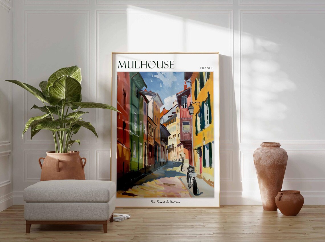 Mulhouse France Colorful Old Street Bicycle Scene Painted Poster - Image 3