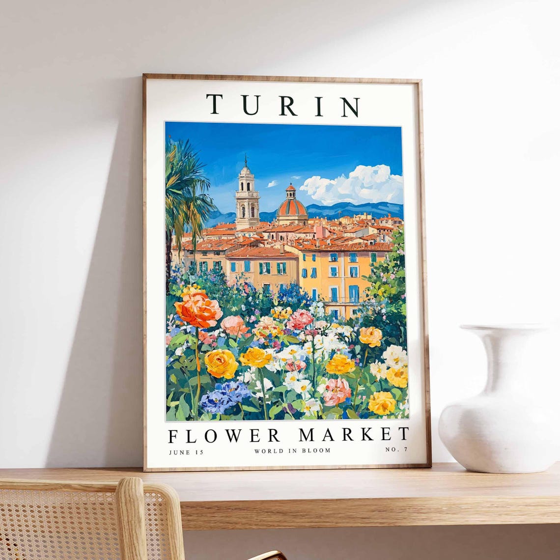 Turin Flower Market Terracotta Rooftops Bell Tower Golden Rose Poster