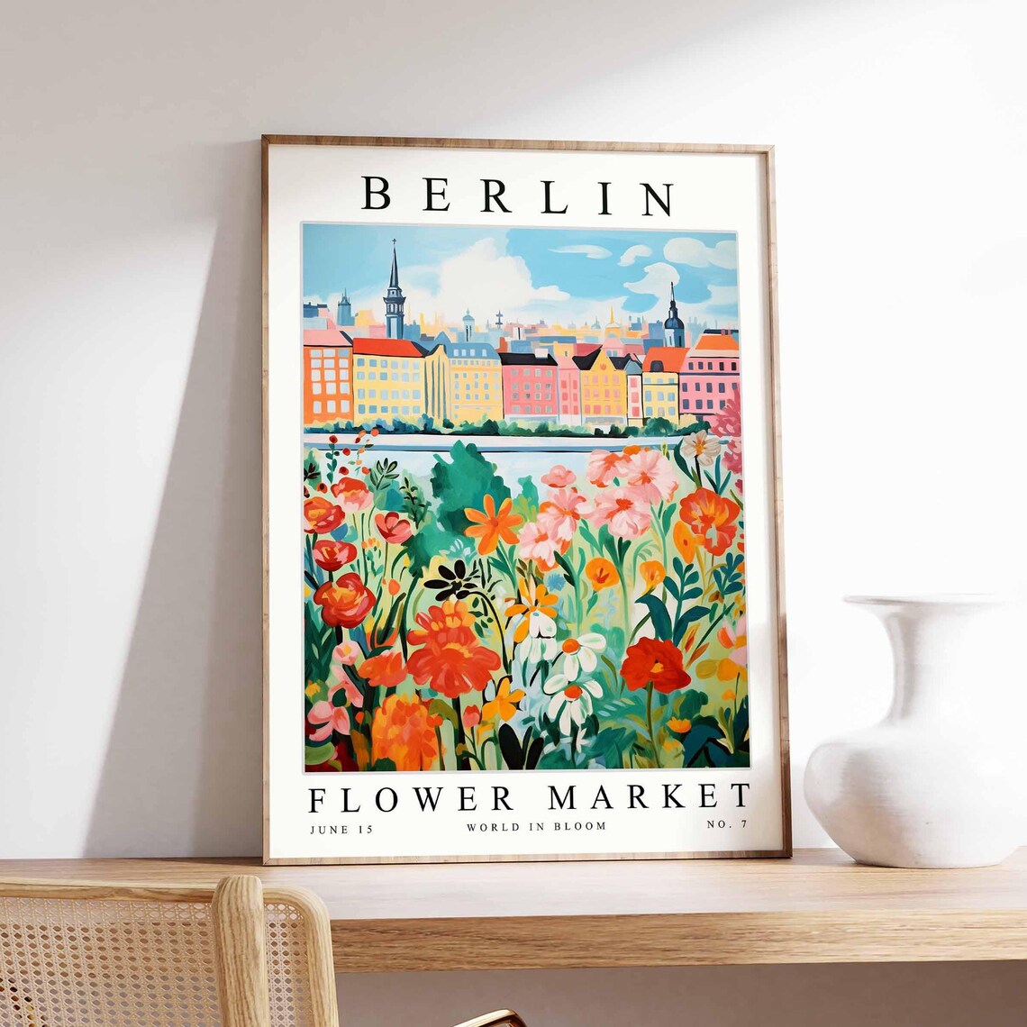 Berlin Flower Market Skyline Spires Wildflower Meadow Travel Poster