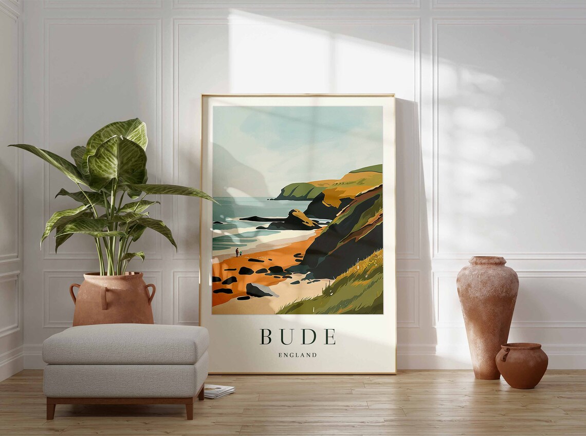 Bude England Rocky Beach Coastal Cliffs Travel Poster Ocean Decor - Image 3