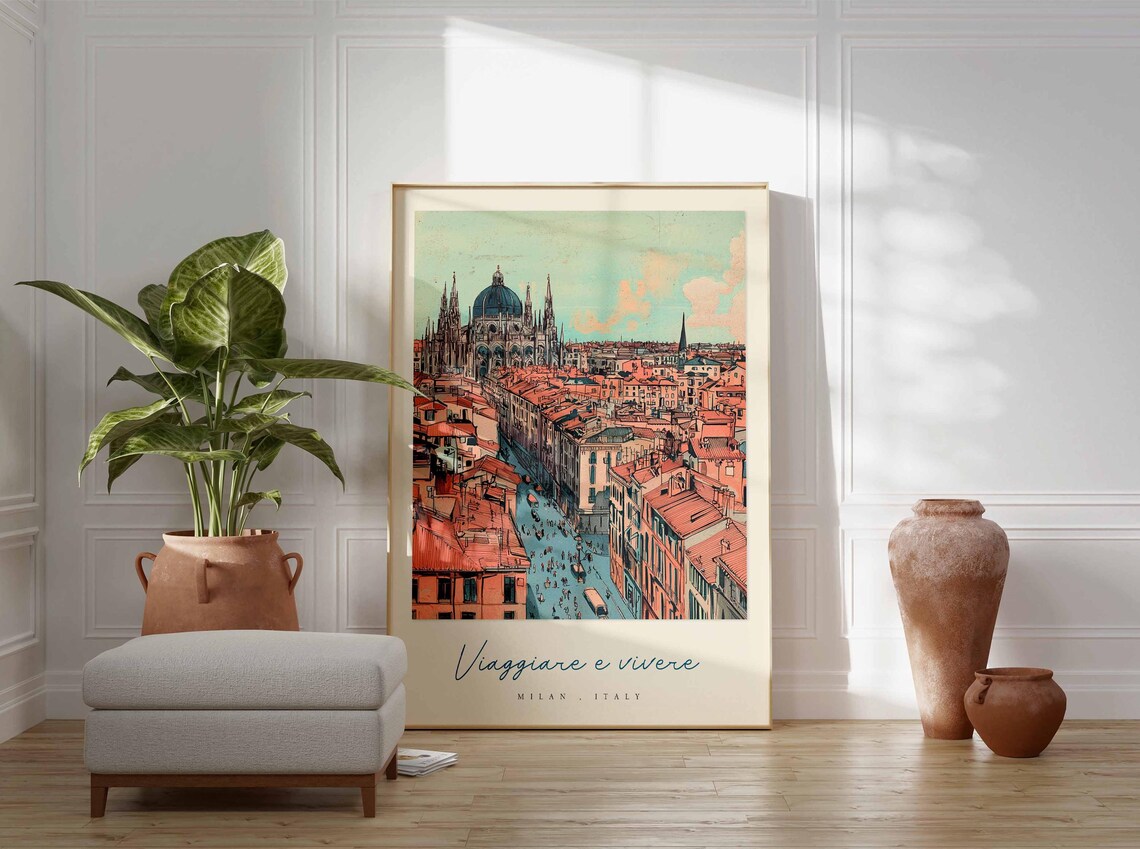 Milan Duomo Aerial Retro Travel Illustration Italy City Poster - Image 3