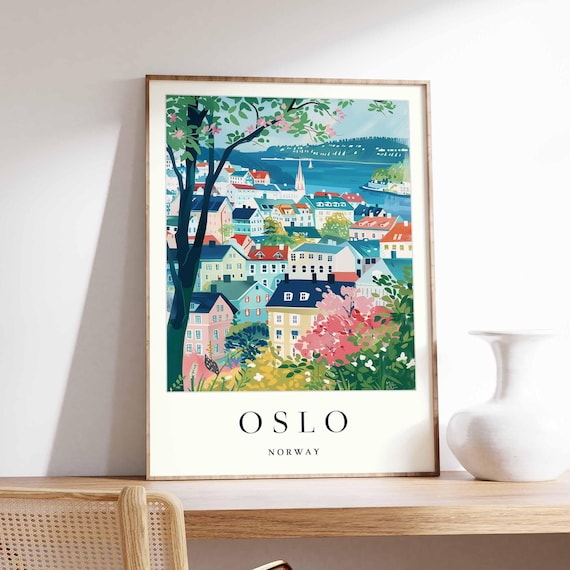 Oslo Norway Spring Blossom Hillside Town with Fjord View Poster