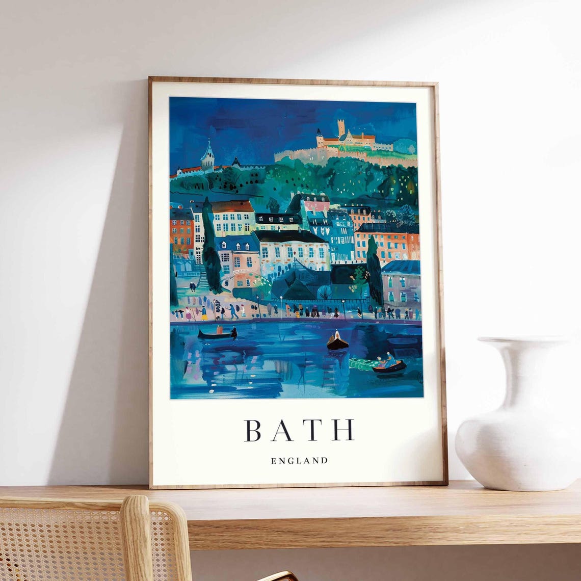 Bath England Evening Waterfront Boats Night Cityscape Travel Poster