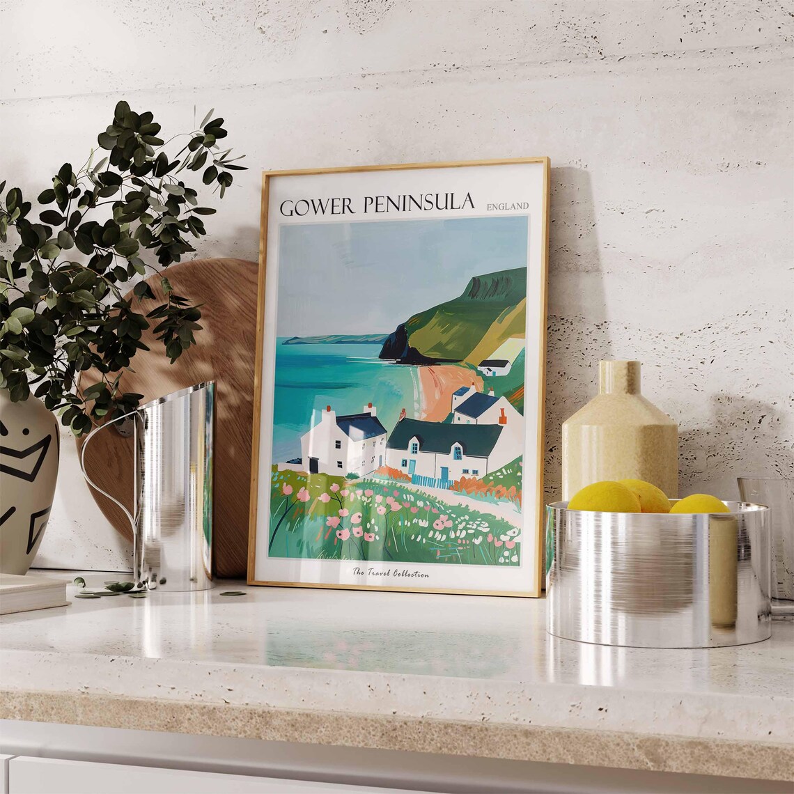 Gower Peninsula White Cottages Travel Poster Turquoise Bay Coastal Art - Image 3