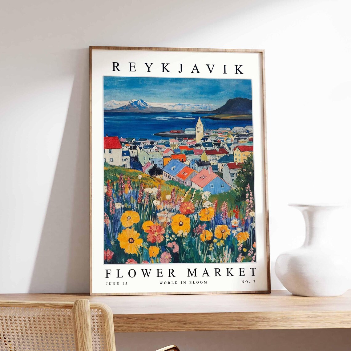 Reykjavik Harbor View Mountains Golden Meadows Travel Poster