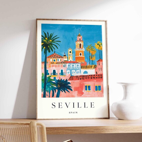 Seville Spain Painterly Church Towers Palms Pink Roofs Poster