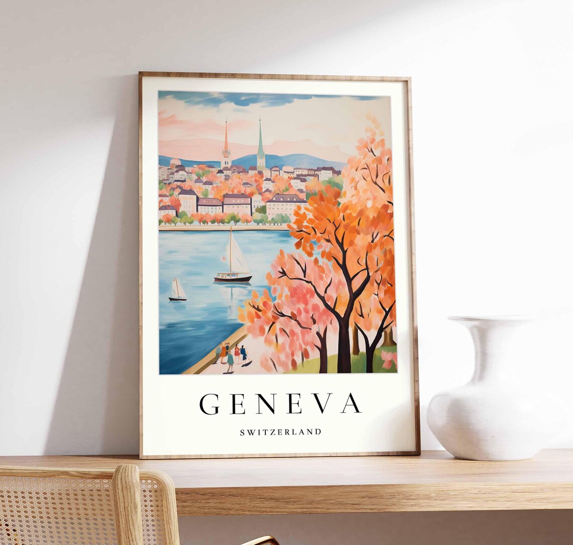 Geneva Switzerland Autumn Lake Scene With Sailboats Art Poster