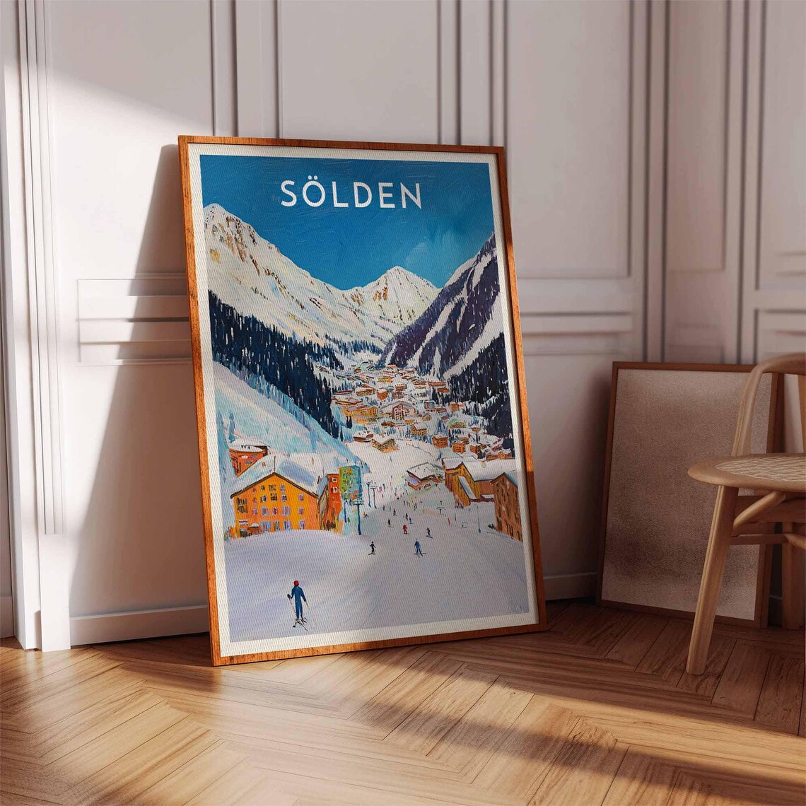 Sölden Austrian Ski Resort Village with Lone Skier Alpine Poster - Image 3