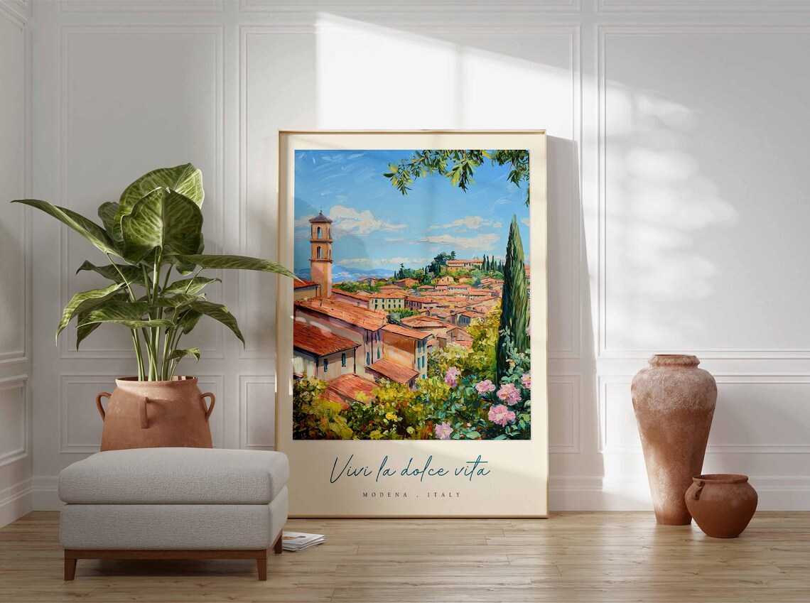 Modena Hill Town Bell Tower Pink Roses View Italy Travel Poster - Image 3