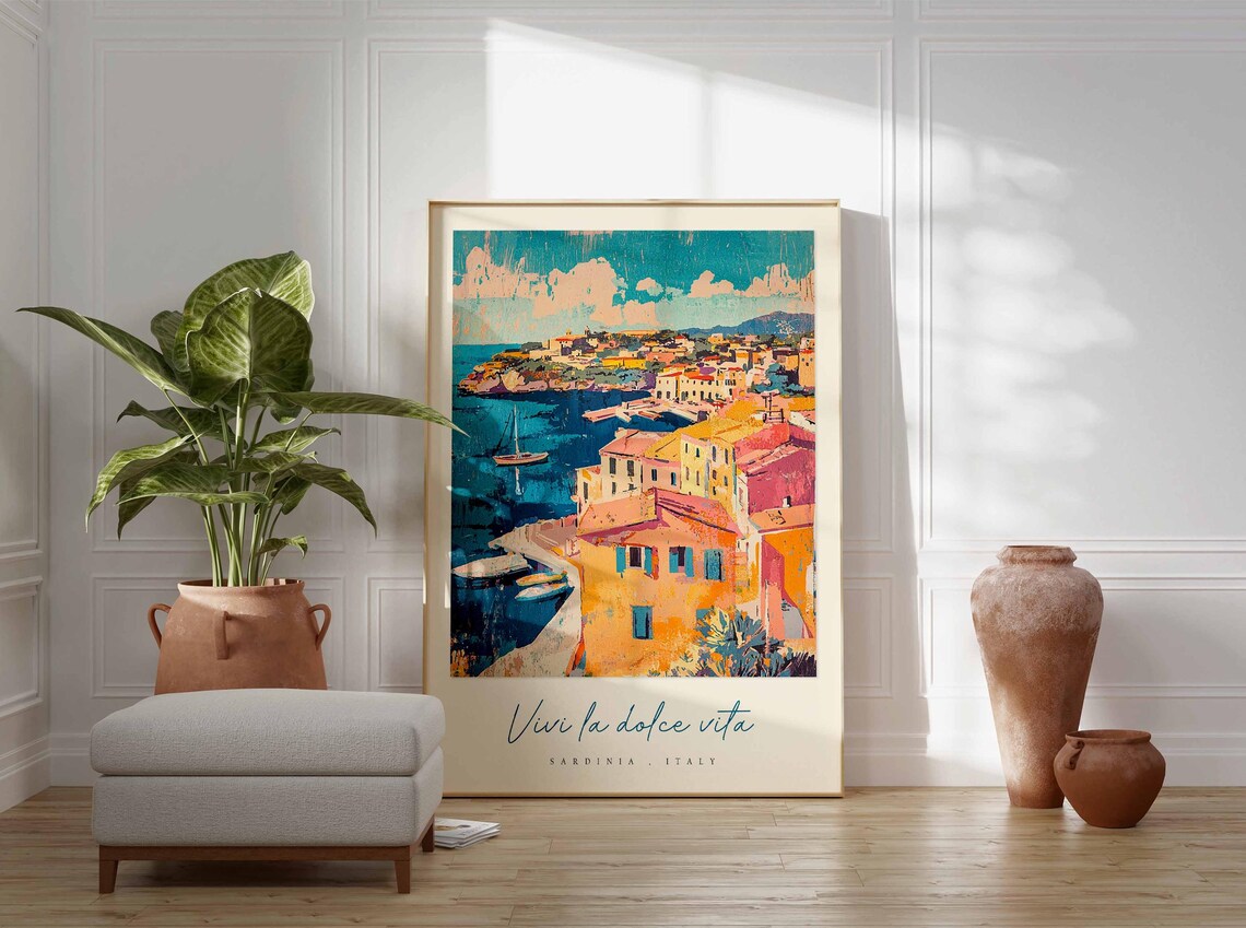 Sardinia Italy Colorful Harbour Sailboats Watercolor Travel Poster - Image 3