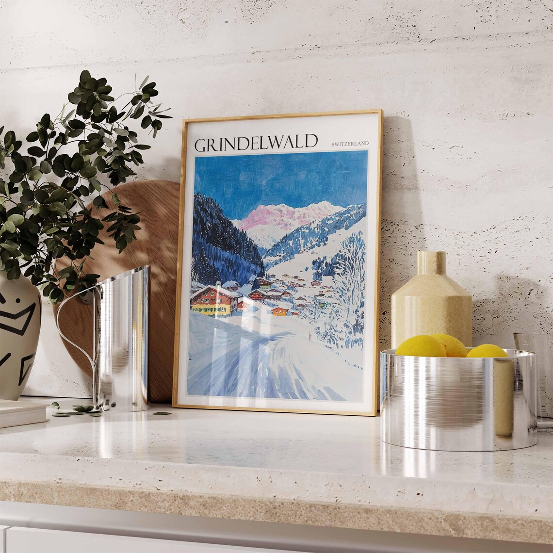 Grindelwald Switzerland Pink Peaks Blue Sky Village Travel Poster - Image 2
