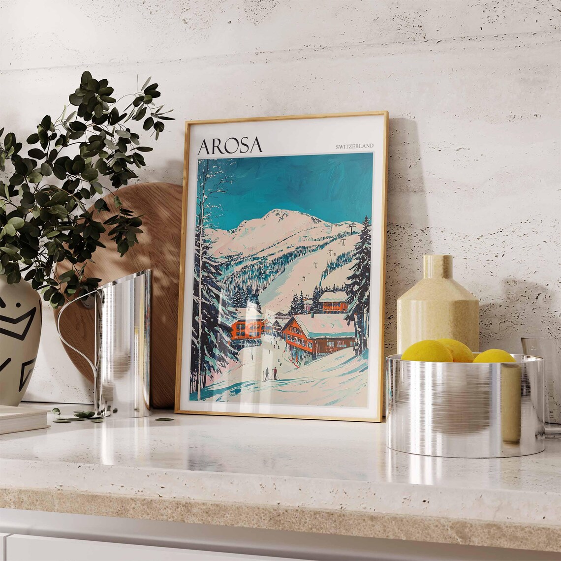 Arosa Switzerland Teal Sky Village Street Orange Chalets Poster - Image 2
