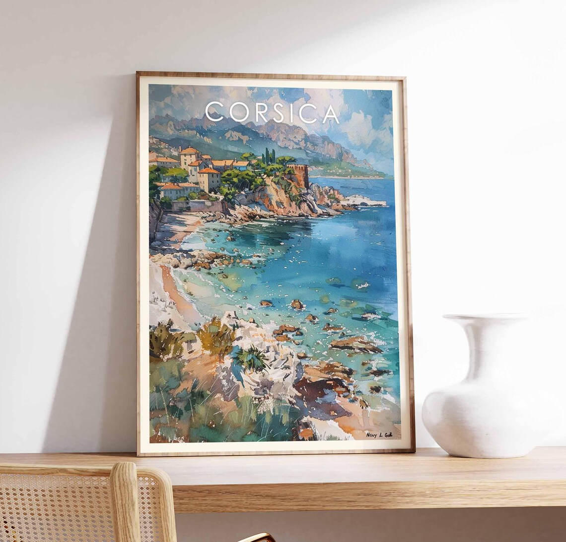 Corsica Watercolor Coastal Village Mediterranean Sea Art Poster