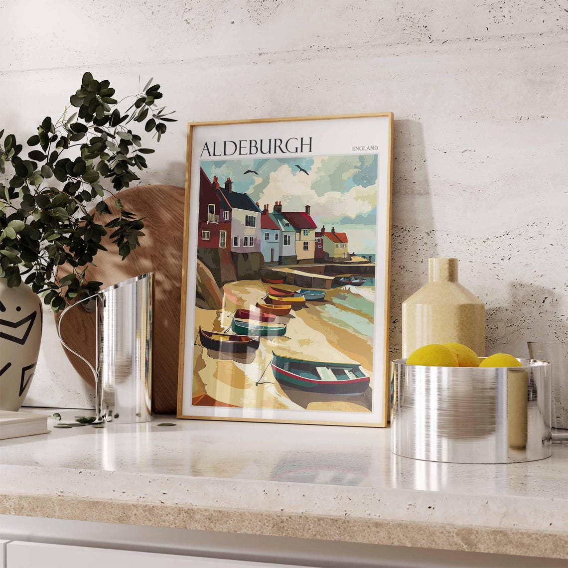 Aldeburgh Beached Boats Low Tide Cliffs Suffolk Seaside Travel Poster - Image 2
