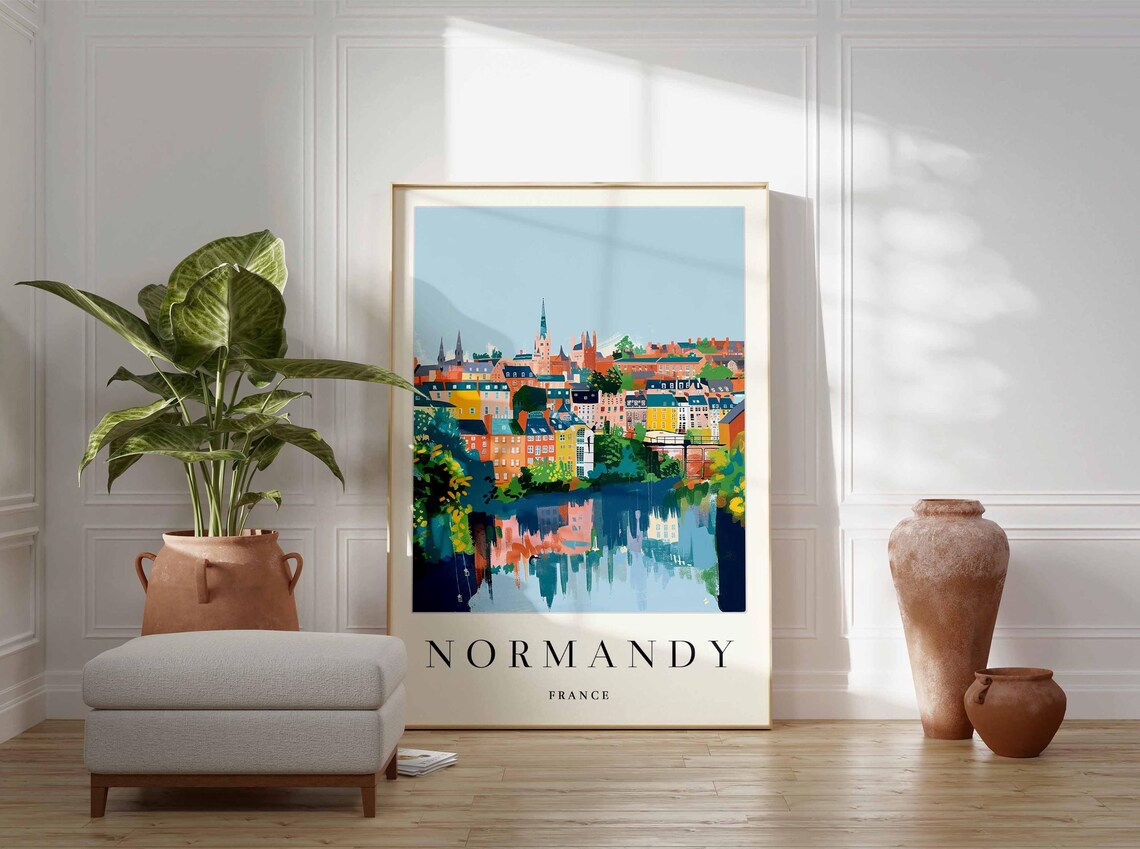 Normandy France Riverside Town Colorful Houses Travel Poster - Image 4