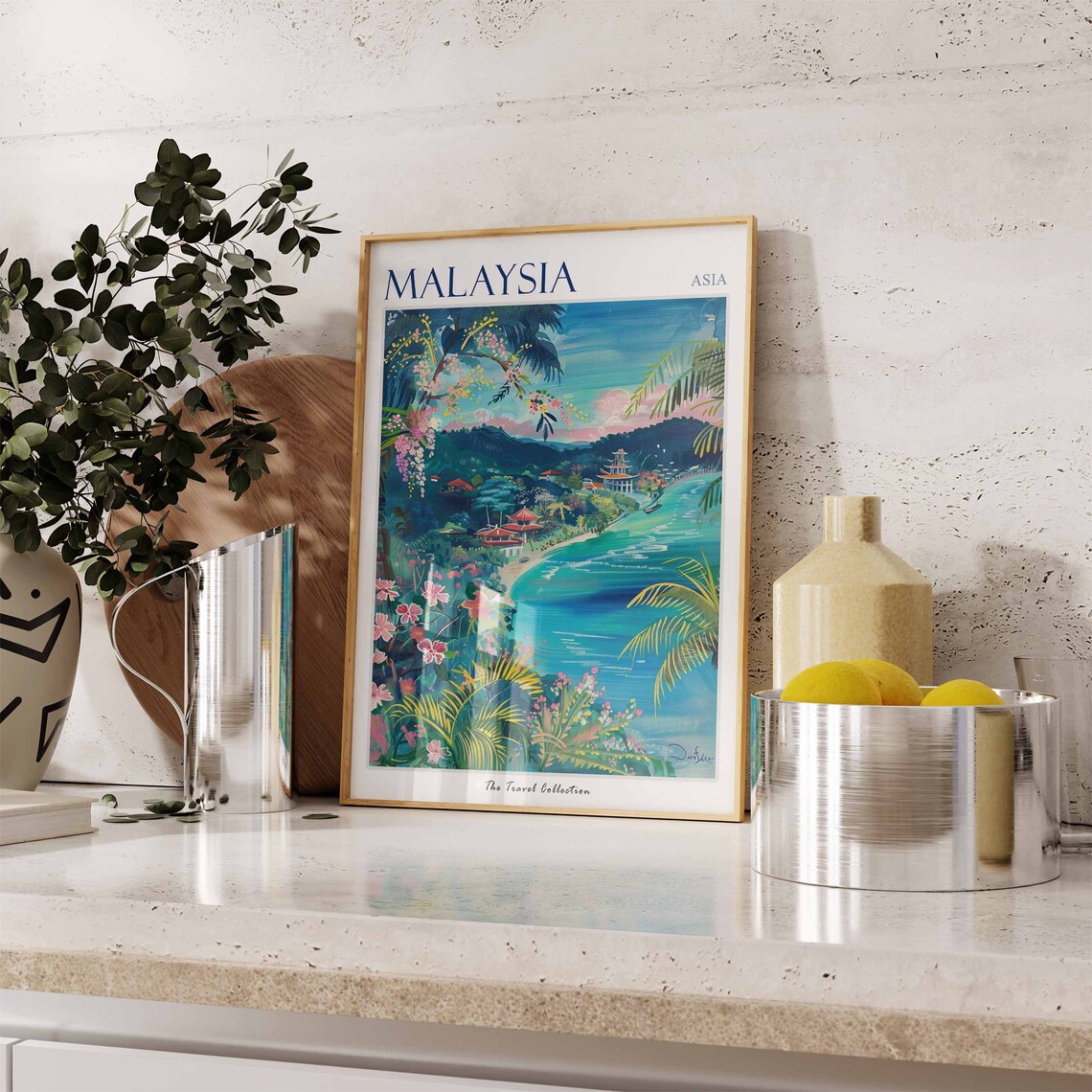 Malaysia Asia Tropical Beach Palm Pagoda Shore Flowers Art Poster - Image 3