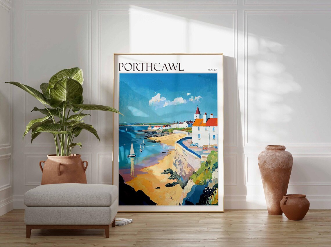 Porthcawl Wales Sailboats Seawall Cottages Scene Vintage Travel Poster - Image 4