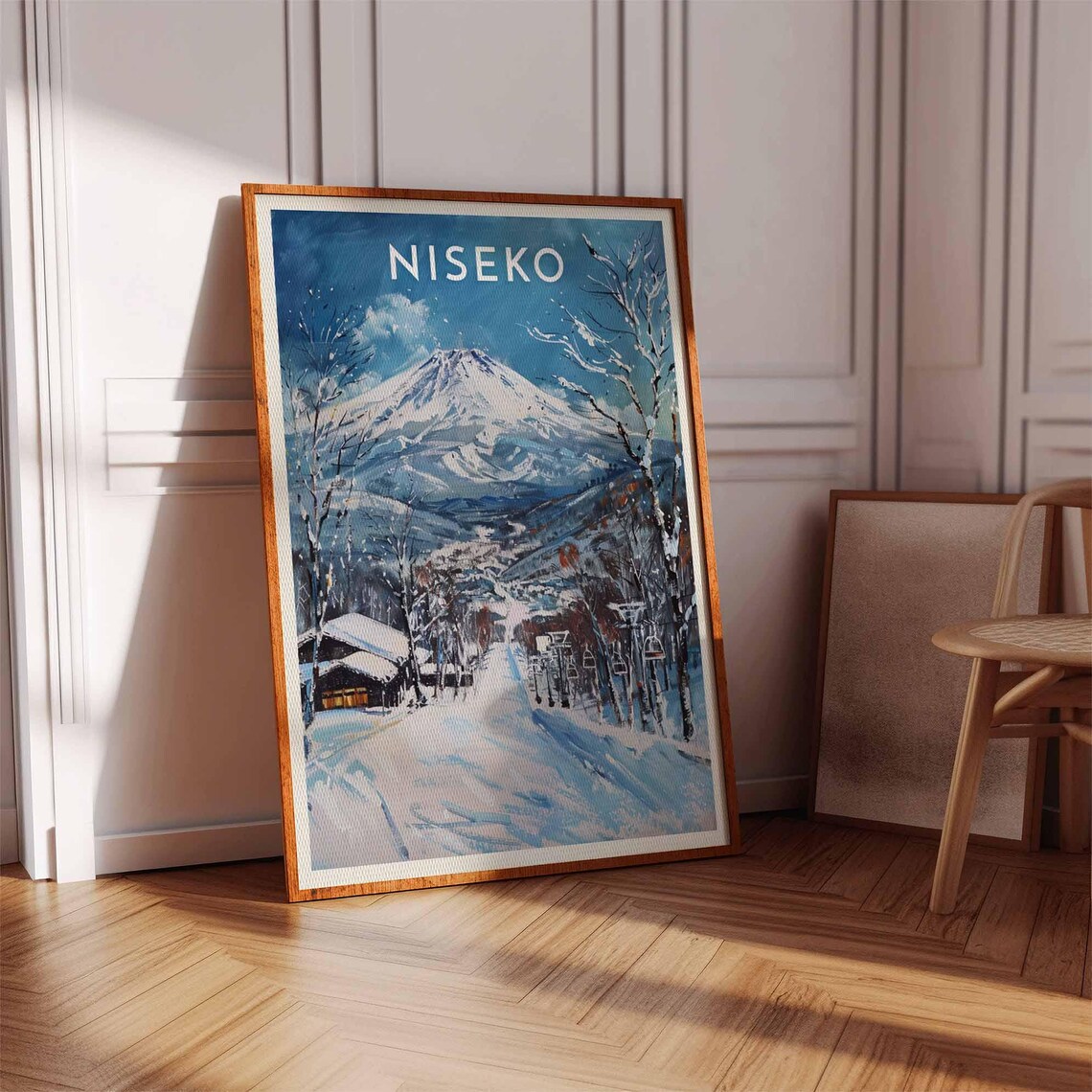Niseko Japan Chairlift Slope Below Snow Peak Village Blue Travel Poster - Image 3