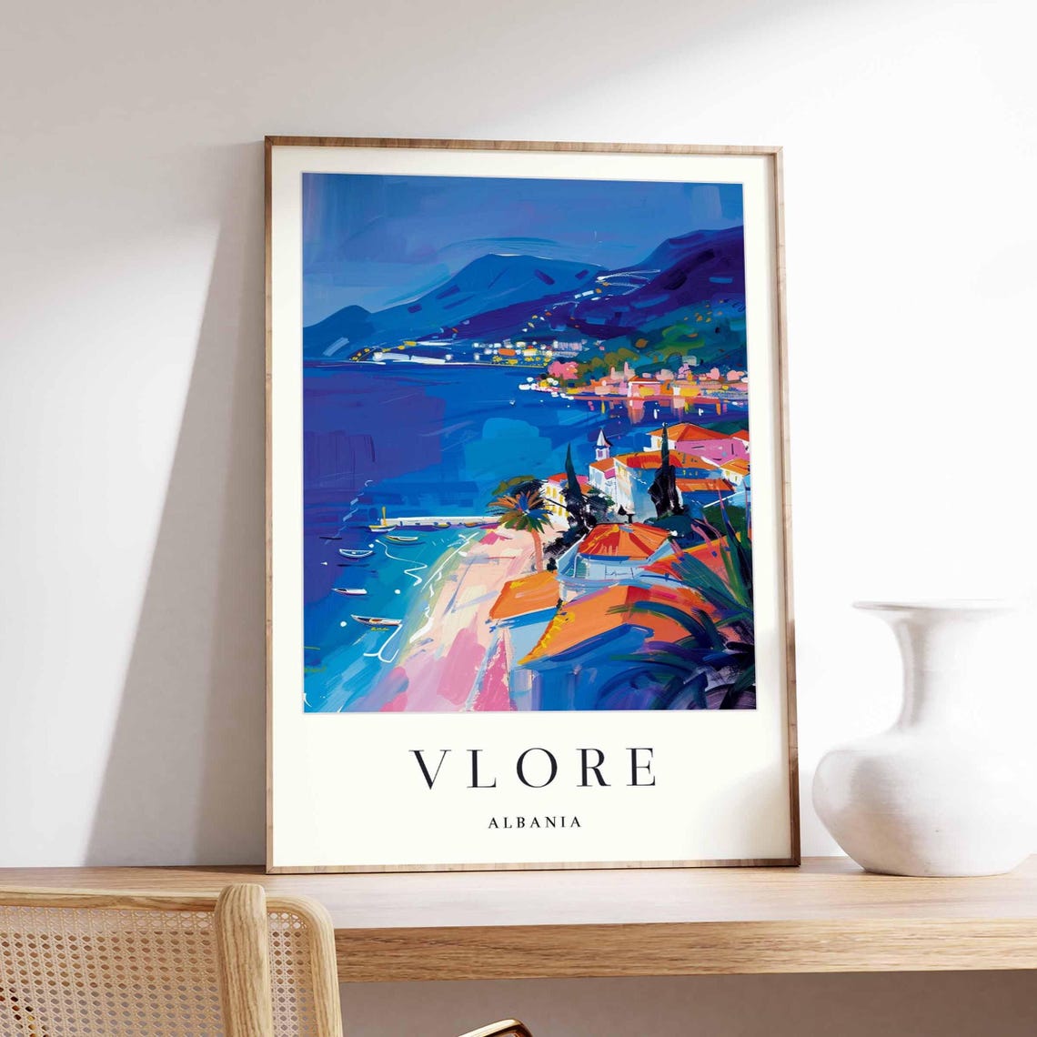 Vlore Albania Glowing Dusk City Lights Waterfront Night View Poster