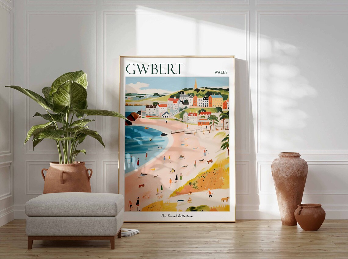 Gwbert Wales Pink Beach Hillside Town Scene Vintage Travel Poster - Image 3