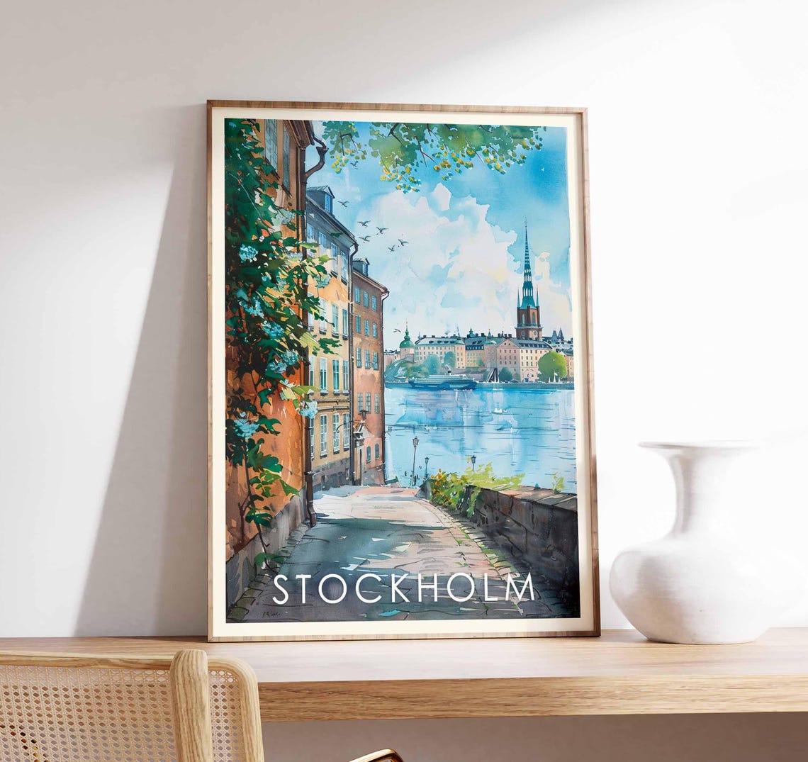 Stockholm Street Sweden Cobblestone Lane Watercolor Harbor View Poster