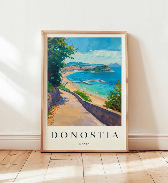 Donostia Spain Bay Promenade Seaside Painted Colorful Travel Art Poster