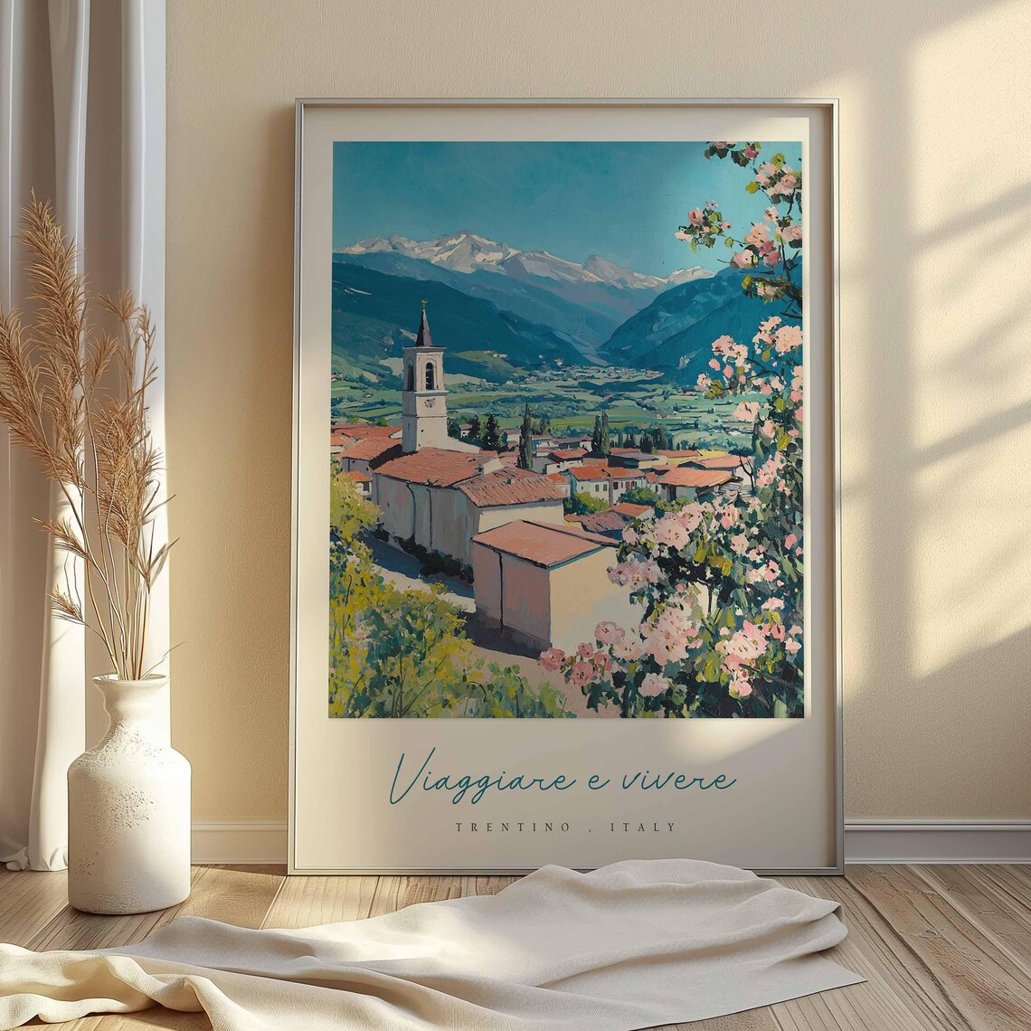 Trentino Italy Village Painting Bell Tower Blossoms Valley Poster - Image 2