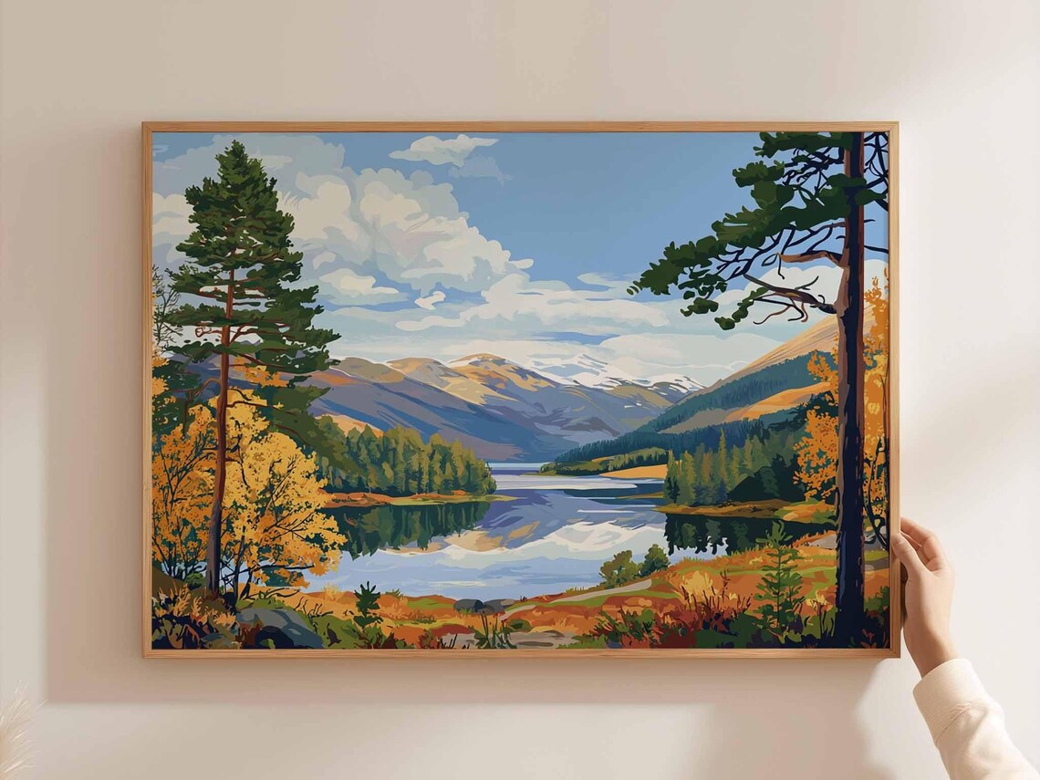 Cairngorms Autumn Loch Golden Trees Mirror Lake Retro Poster