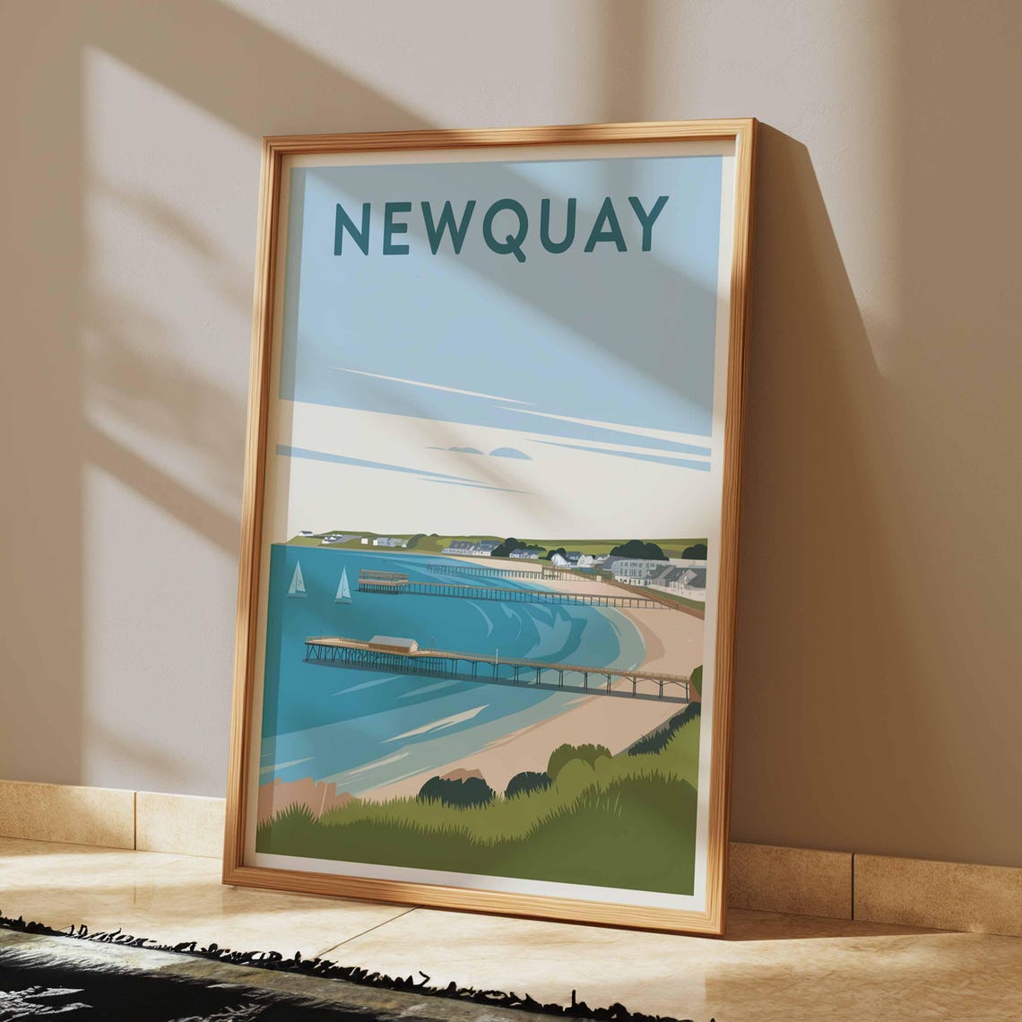 Newquay Coastal Beach and Pier Retro Illustration Travel Poster - Image 2