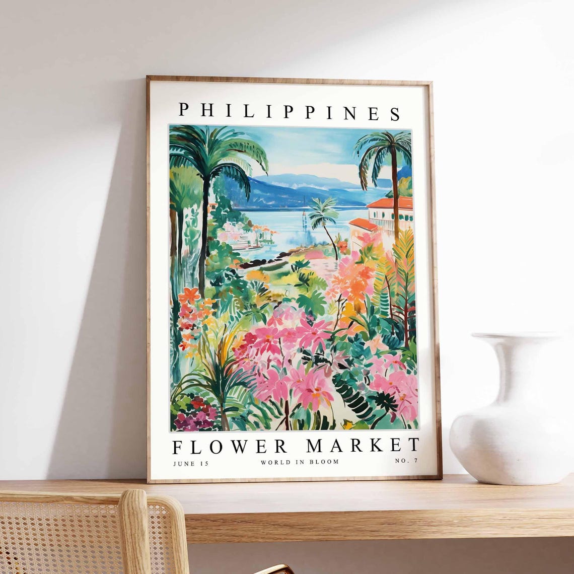 Philippines Tropical Coast Palms Pink Blossoms Travel Poster