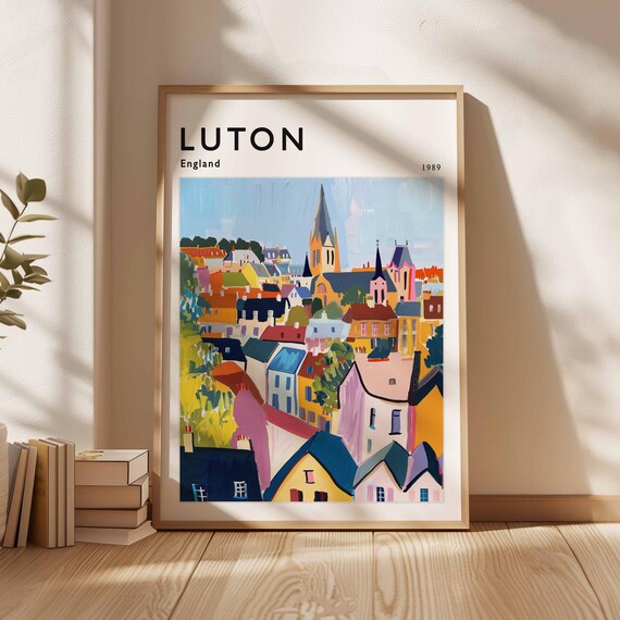 Luton England 1989 Colorful Skyline Church Spires Painted Travel Art Poster