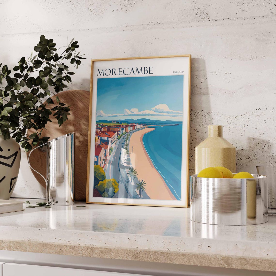 Morecambe England Curved Sandy Beach Pier Promenade Aerial Poster - Image 2