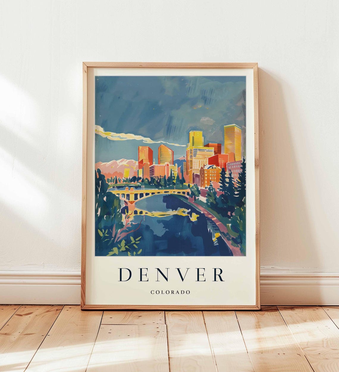 Denver Colorado Skyline River Sunset Golden Light Art Poster