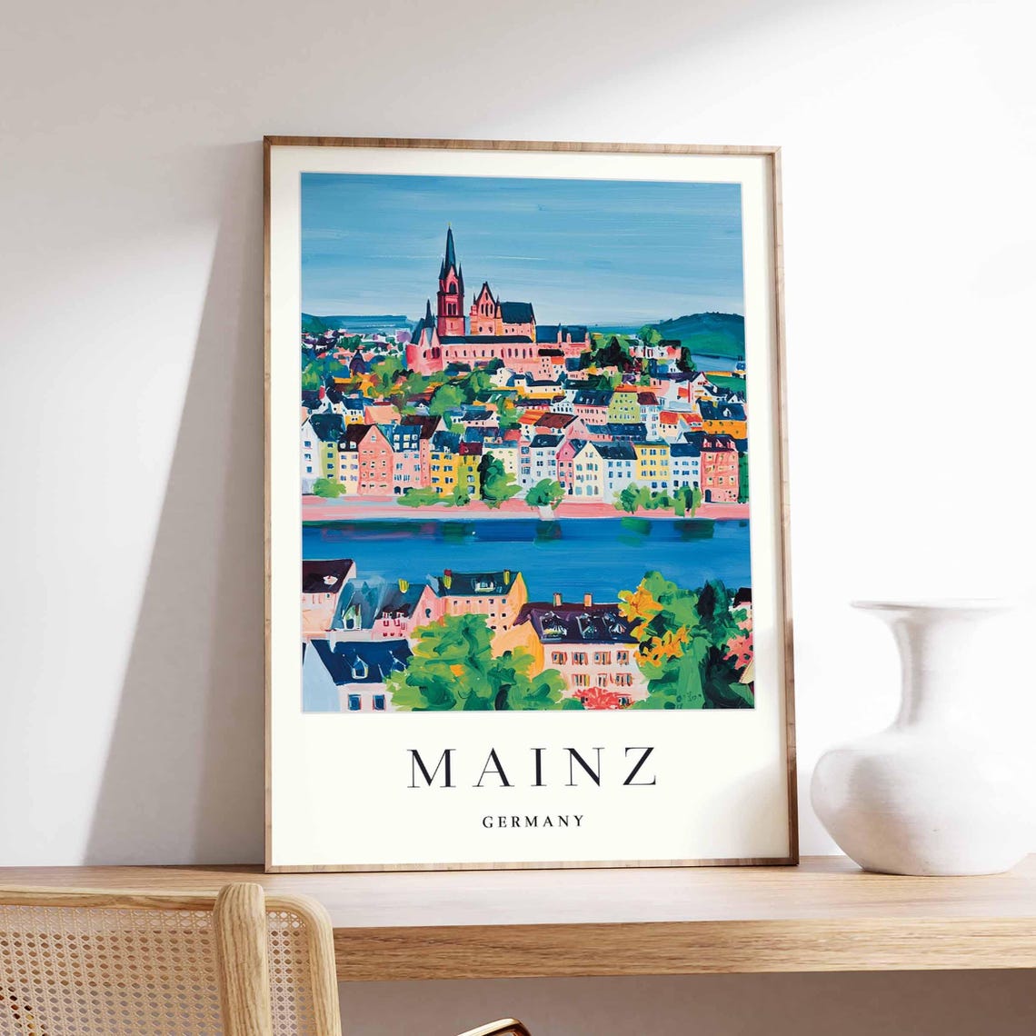 Mainz Germany Cathedral Rhine River Colorful Skyline View Poster