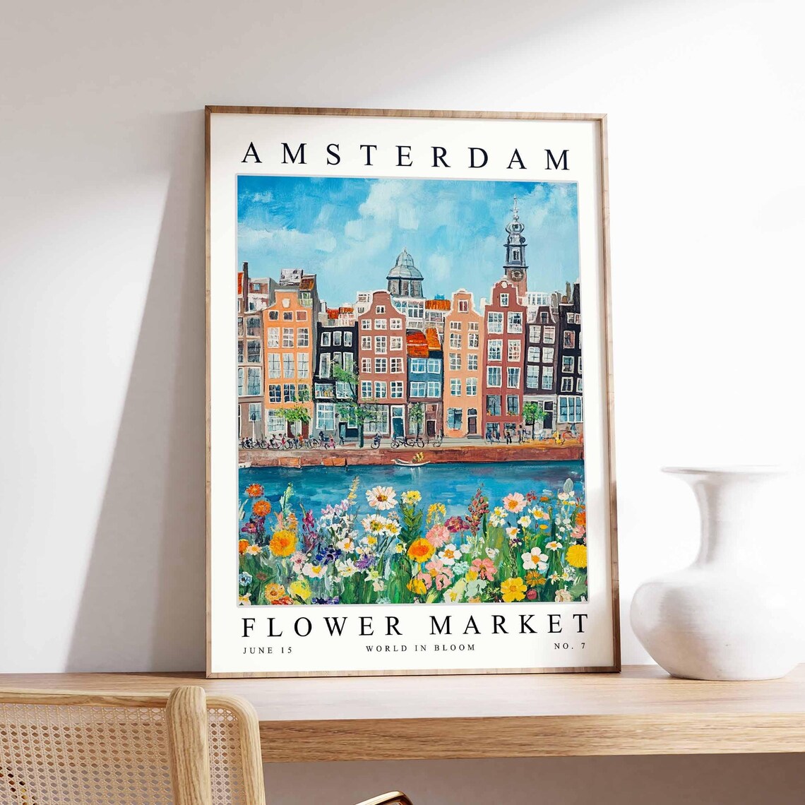 Amsterdam Flower Market Canal Houses Bicycles Wildflower Meadow Poster