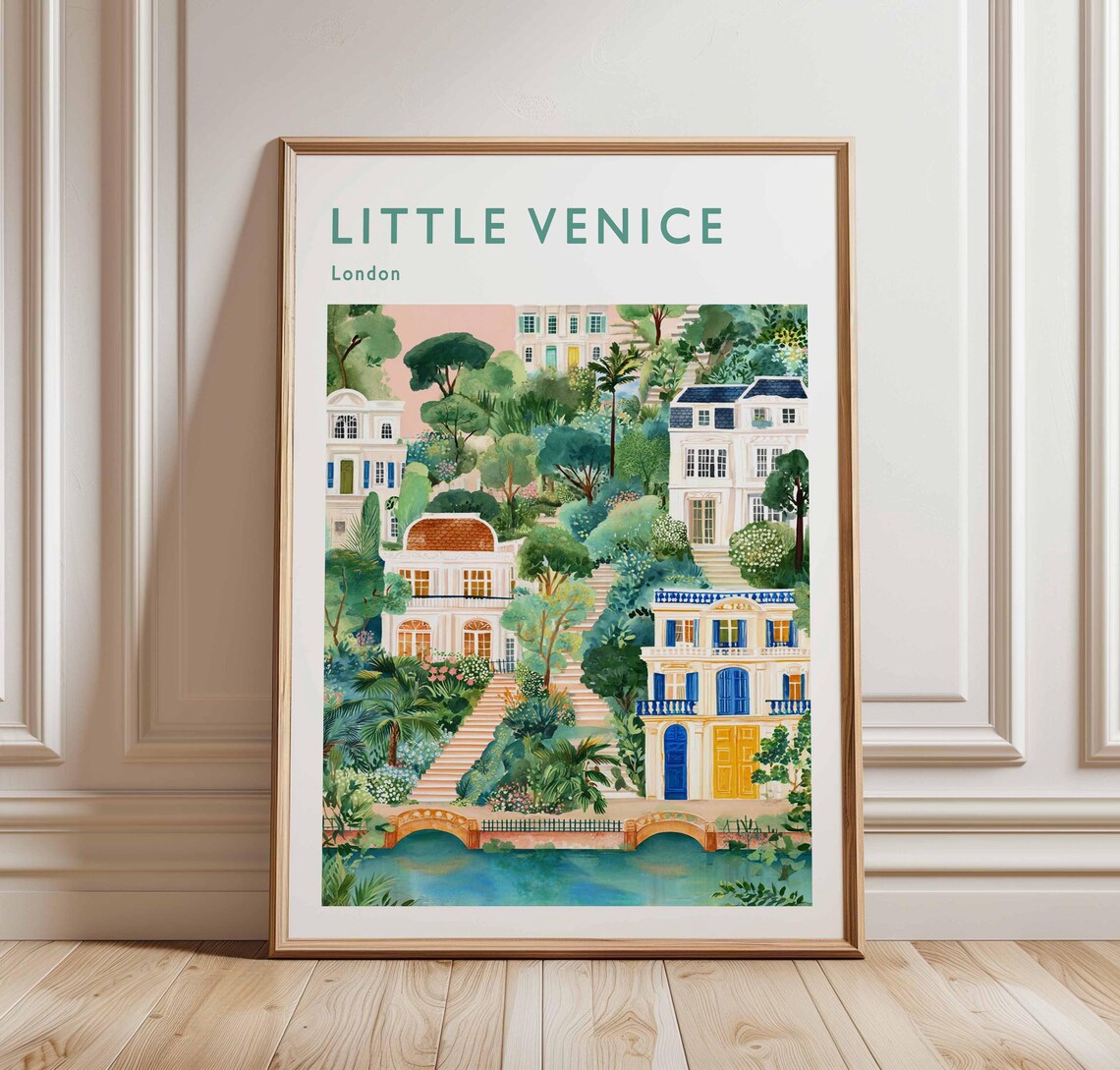 Tranquil Little Venice London Watercolor Canal Terrace Poster